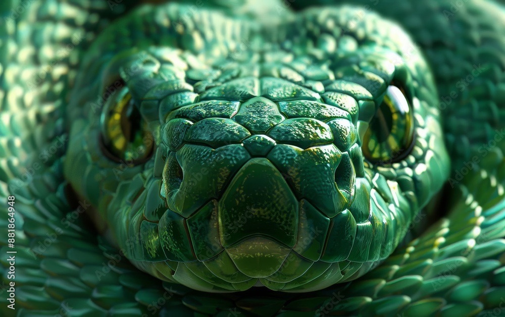 Close-up of a green snake's face with sharp eyes. Close-up of a green snake's face with sharp eyes.