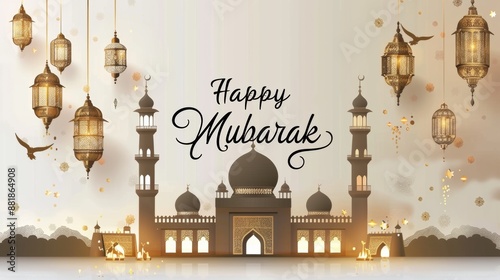 Elegant Eid Mubarak Greeting Card with Mosque Silhouette, Hanging Lanterns, and Festive Decorations for Celebrating Islamic Holiday