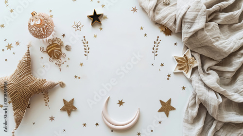 Elegant Eid Mubarak Celebration with Festive Decorations and Crescent Moon on White Background