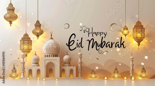 Elegant Eid Mubarak Greeting Card with Ornate Lanterns and Mosque, Perfect for Celebrating the Islamic Festival of Eid al-Fitr or Eid al-Adha