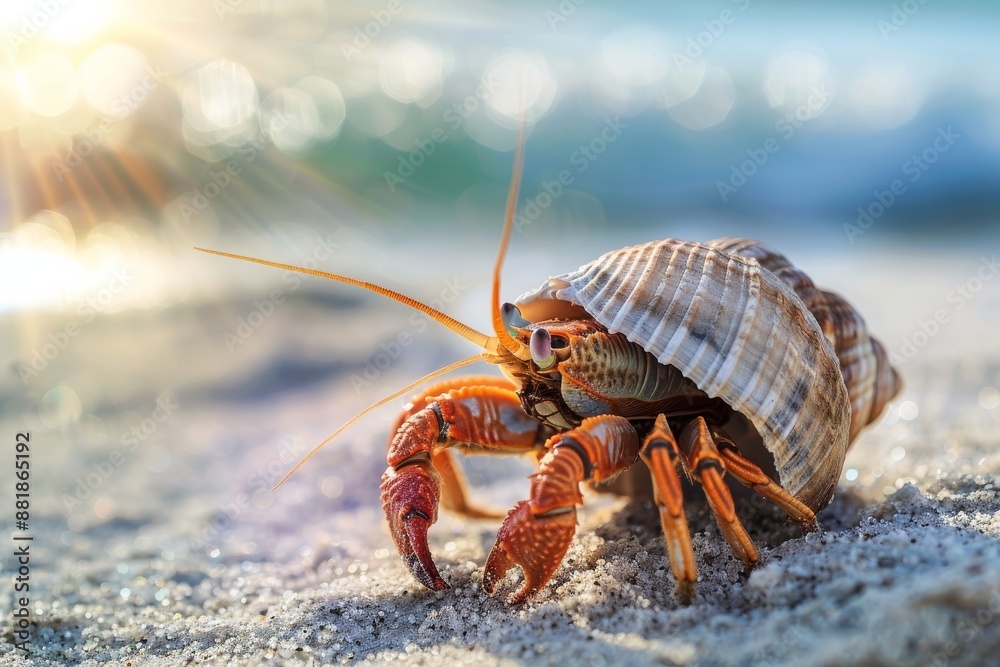 Hermit Crab in Shell, Beach with Sun Hermit Crab in Shell, Beach with Sun