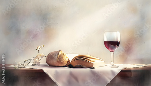 Eucharistic symbols. Lord's supper symbols: Bible, wine glass and bread on the table. Digital watercolor painting. photo