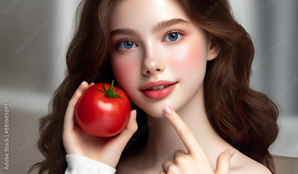 Woman with beautiful, clear skin and red tomatoes Woman with beautiful, clear skin and red tomatoes