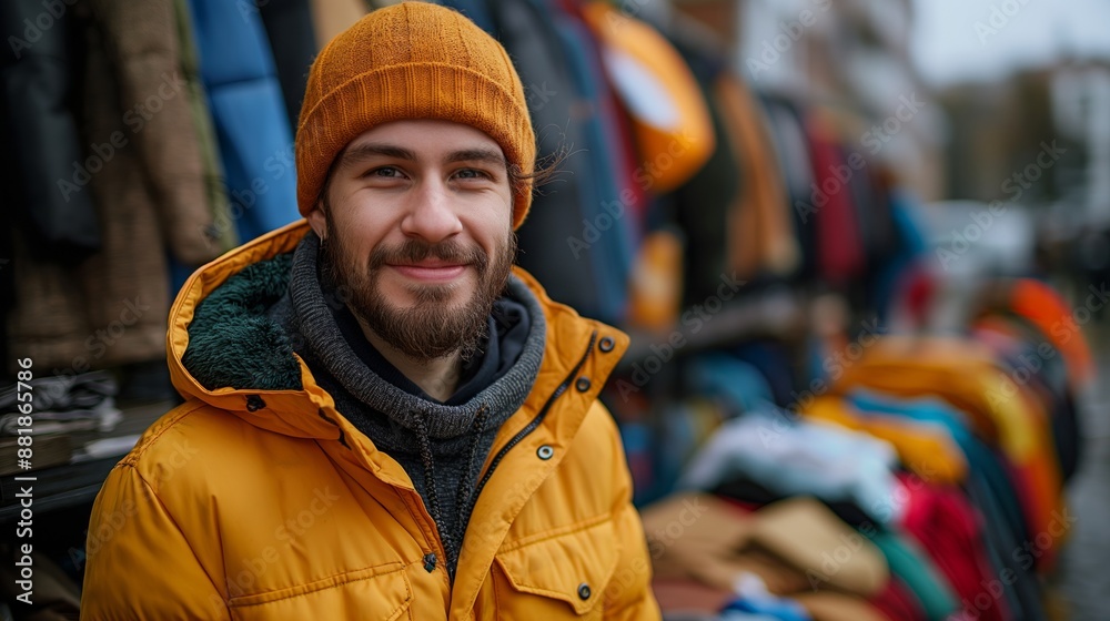 Man in a yellow coat and beanie smiling at an outdoor market with colorful clothing in the background. Man in a yellow coat and beanie smiling at an outdoor market with colorful clothing in the background.