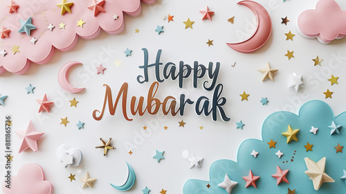Happy Eid Mubarak Greeting Card with Colorful Stars and Clouds - Festive Islamic Celebration Background