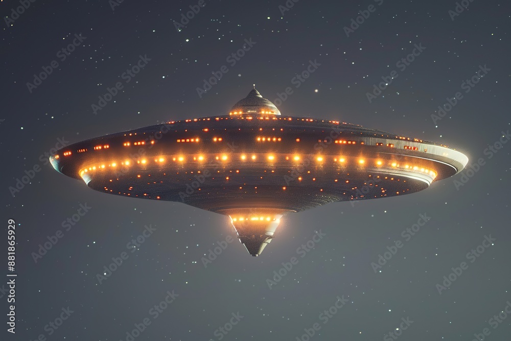 Glowing UFO in starry night sky, signaling beams of light Glowing UFO in starry night sky, signaling beams of light
