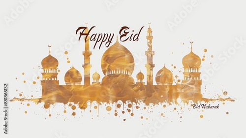 Elegant 'Happy Eid Mubarak' Greeting with Golden Mosque Silhouette and Artistic Splashes - Perfect for Celebrating Eid al-Fitr and Eid al-Adha