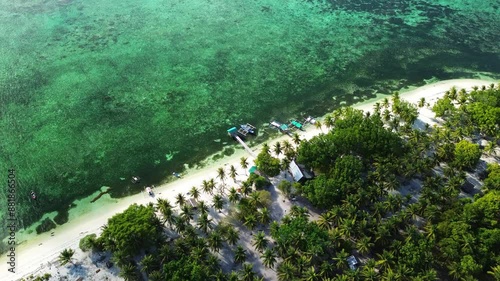 The drone slowly moves towards the edge of Candaraman Island in Balabac, ascending to show the horizon and the endless sea. The mesmerizing white sand and the incredible texture of the sea and underwa photo