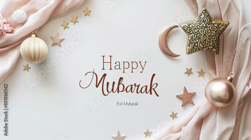 Elegant 'Happy Eid Mubarak' Greeting Card with Festive Decorations and Calligraphy for Celebrating Eid al-Fitr or Eid al-Adha