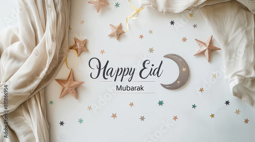Elegant 'Happy Eid Mubarak' Greeting with Stars and Crescent Moon on White Background - Perfect for Celebrating Eid Al-Fitr and Eid Al-Adha