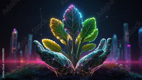 Futuristic Hands Holding Glowing Plant