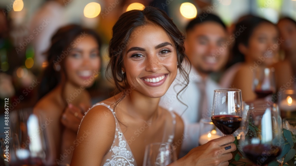 Guests, smiling and celebrating, clink wine glasses with the bride and groom at a beautiful wedding reception Guests, smiling and celebrating, clink wine glasses with the bride and groom at a beautiful wedding reception