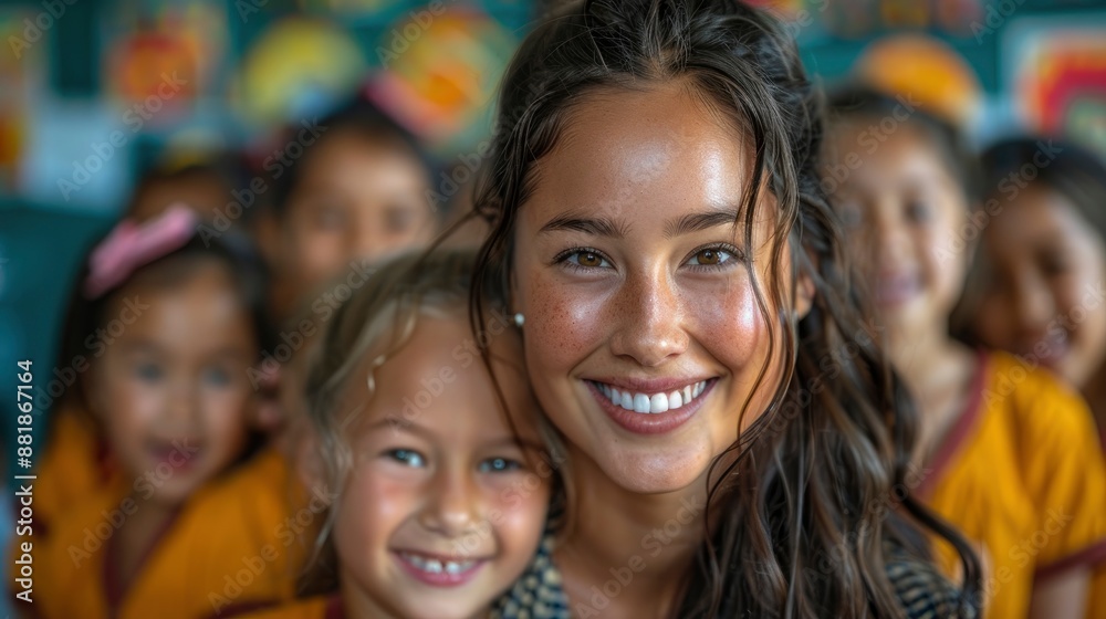 Happy diverse school children, faces glowing with affection, hug their female teacher in a colorful classroom Happy diverse school children, faces glowing with affection, hug their female teacher in a colorful classroom