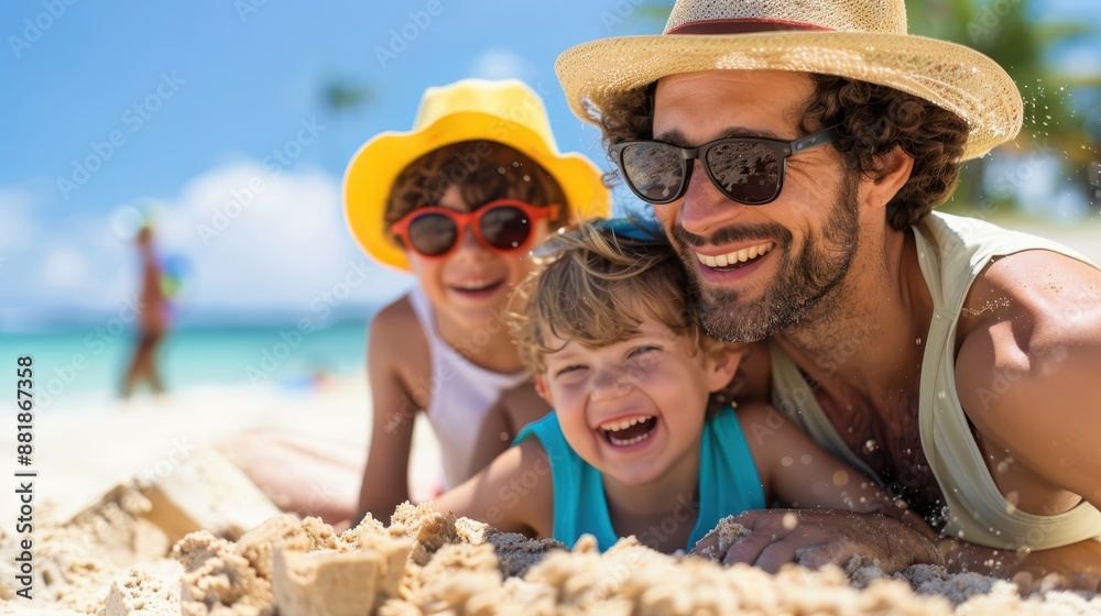 A family wearing hats builds sandcastles together on a sunny tropical beach, captured with the ocean and palm trees in the background, creating a memorable vacation moment. A family wearing hats builds sandcastles together on a sunny tropical beach, captured with the ocean and palm trees in the background, creating a memorable vacation moment.