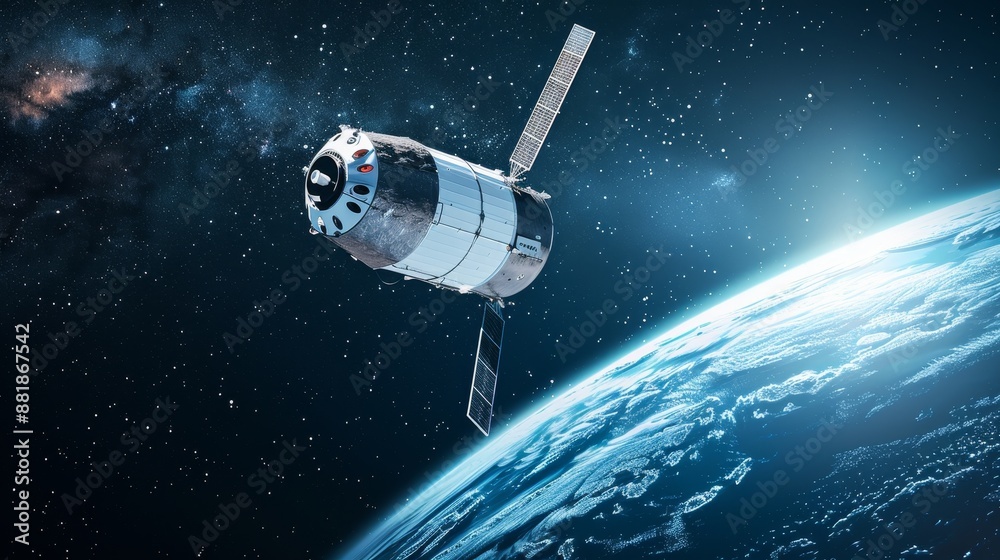 Fototapeta premium Sleek spacecraft module floating in the vastness of space, detailed view of its complex structure and design, set against a backdrop of distant stars
