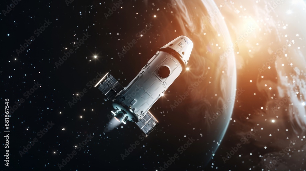 Sleek spacecraft module floating in the vastness of space, detailed view of its complex structure and design, set against a backdrop of distant stars Sleek spacecraft module floating in the vastness of space, detailed view of its complex structure and design, set against a backdrop of distant stars