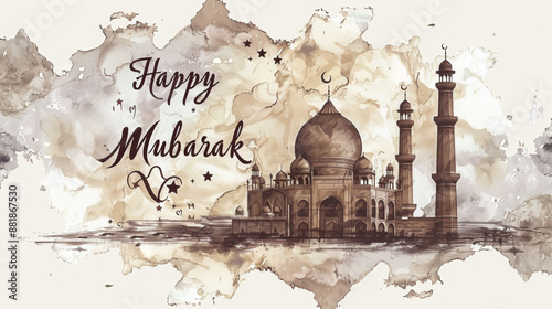 Beautiful Eid Mubarak Greeting Card with Artistic Mosque Illustration and Festive Calligraphy for Celebrating Islamic Holiday