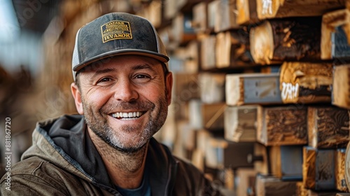 Lumberyard colleagues, smiling and focused, have a candid discussion amidst stacks of timber