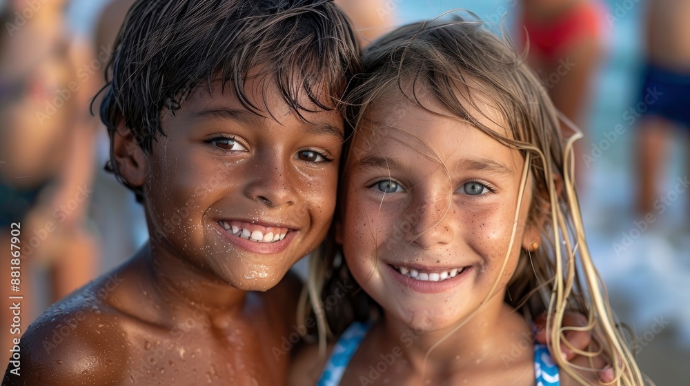 Mixed-race children, faces glowing with pride and joy, celebrate an American patriotic event Mixed-race children, faces glowing with pride and joy, celebrate an American patriotic event