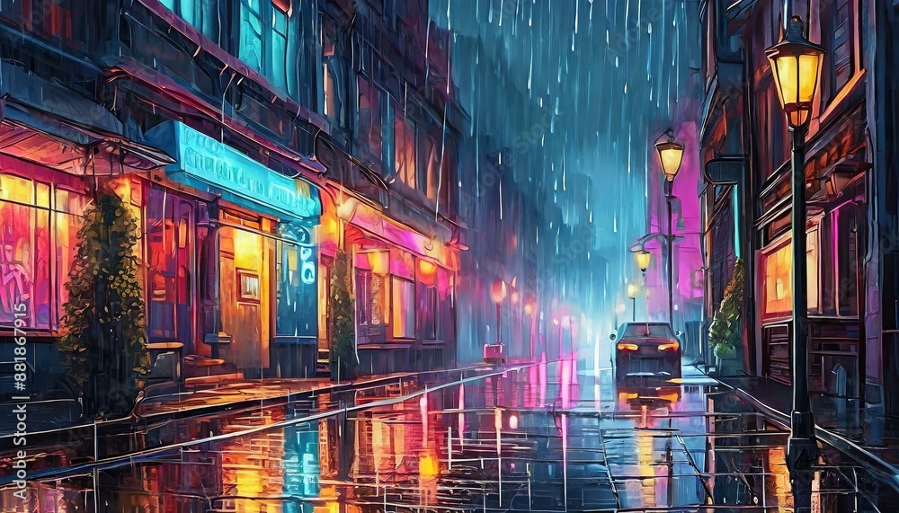 Fototapeta premium evening on the street in the city with neon signs. it is raining heavily