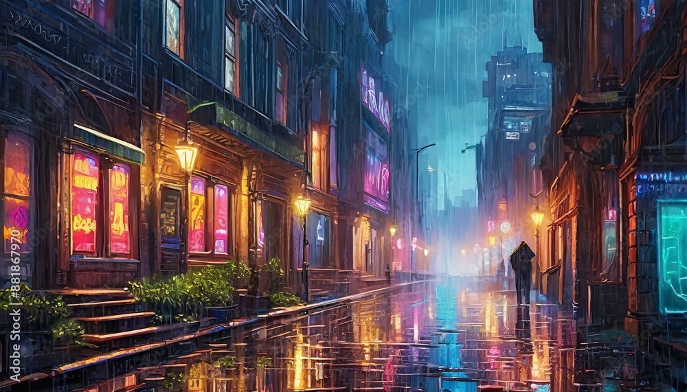 Fototapeta premium evening on the street in the city with neon signs. it is raining heavily