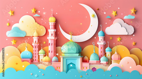 ** .Colorful Eid Mubarak Celebration with Crescent Moon and Stars in a Festive Islamic Cityscape..**