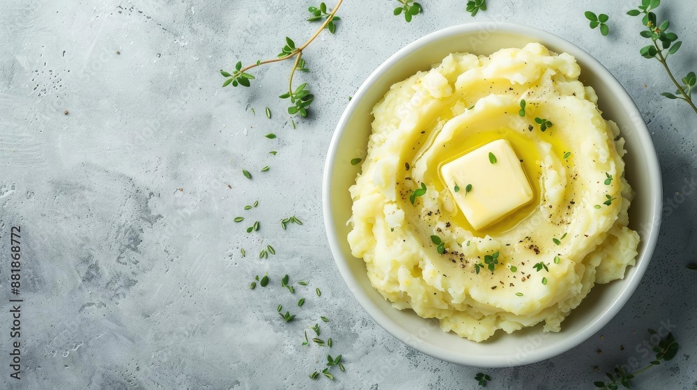 Creamy mashed potatoes with a pat of butter, garnished with fresh herbs, served in a white bowl on a textured gray background. Creamy mashed potatoes with a pat of butter, garnished with fresh herbs, served in a white bowl on a textured gray background.