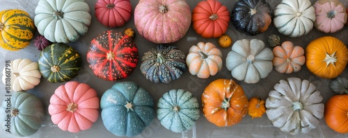 Colorful pumpkins of various sizes and colors arranged in an overhead view on a grey background. An overhead perspective of colorful pumpkins.