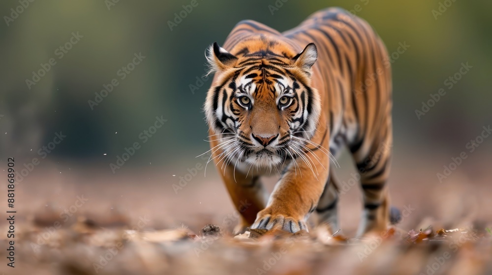 Obraz premium A tiger walks determinedly in its natural habitat with a focused gaze, embodying strength, grace, and purpose in a captivating display of wildlife natural beauty and power.