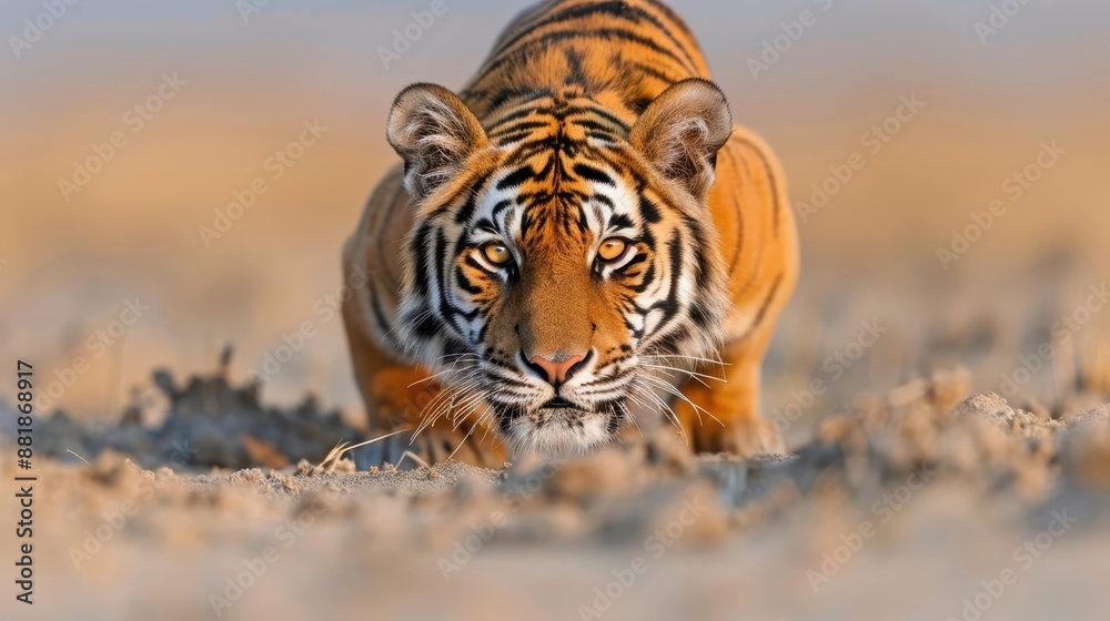 Obraz premium A majestic tiger crawls intently on the sandy ground with its piercing eyes looking straight ahead, showcasing the power and majesty of one of nature's greatest predators.