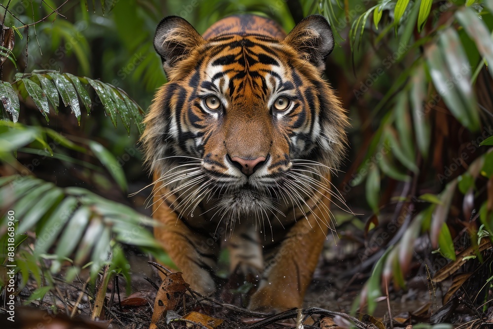 Fototapeta premium A Sumatran tiger emerging from the dense underbrush, its powerful body and striking orange coat with black stripes making it a majestic sight.