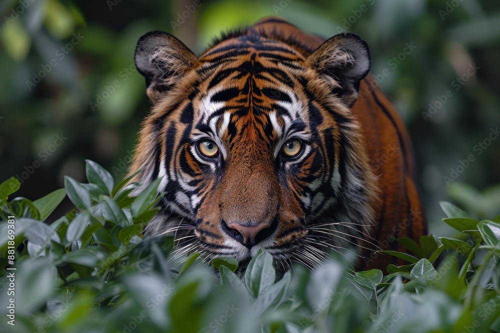 Fototapeta premium A Sumatran tiger emerging from the dense underbrush, its powerful body and striking orange coat with black stripes making it a majestic sight.
