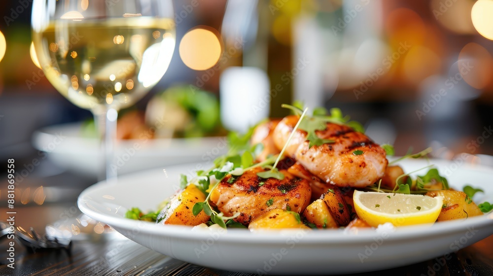 A delicious grilled chicken fillet, perfectly cooked and garnished with fresh herbs, served with roasted potatoes and a slice of lemon, set on a beautifully presented dining table. A delicious grilled chicken fillet, perfectly cooked and garnished with fresh herbs, served with roasted potatoes and a slice of lemon, set on a beautifully presented dining table.