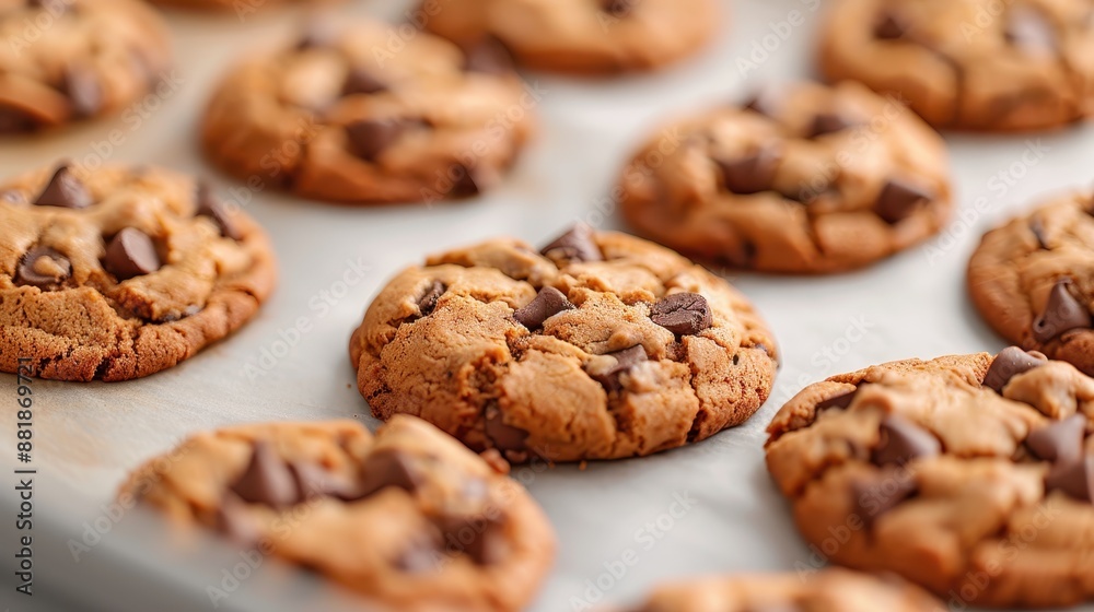 A close-up shot of a batch of freshly baked chocolate chip cookies resting on a parchment-lined tray, showcasing their delicious golden-brown texture and scattered chocolate chips. A close-up shot of a batch of freshly baked chocolate chip cookies resting on a parchment-lined tray, showcasing their delicious golden-brown texture and scattered chocolate chips.
