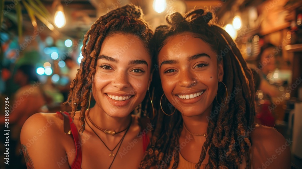 Two female friends, faces glowing with joy, pose for a selfie during a lively, colorful dinner celebration Two female friends, faces glowing with joy, pose for a selfie during a lively, colorful dinner celebration