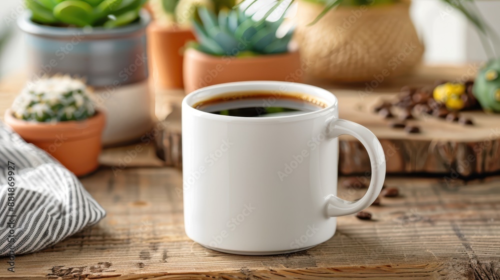 A classic black coffee served in a pristine white mug, placed elegantly on a rustic wooden table surrounded by potted plants, presenting a serene and natural setting. A classic black coffee served in a pristine white mug, placed elegantly on a rustic wooden table surrounded by potted plants, presenting a serene and natural setting.