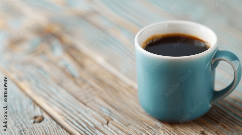 A serene blue mug filled with steaming black coffee, resting on a charming wooden table background, creating a comforting and aesthetically pleasing morning routine setting. A serene blue mug filled with steaming black coffee, resting on a charming wooden table background, creating a comforting and aesthetically pleasing morning routine setting.