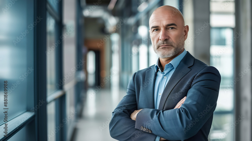 In a contemporary office corridor, a confident, bald businessman in a blue suit radiates success and leadership, embodying a strong and determined presence In a contemporary office corridor, a confident, bald businessman in a blue suit radiates success and leadership, embodying a strong and determined presence