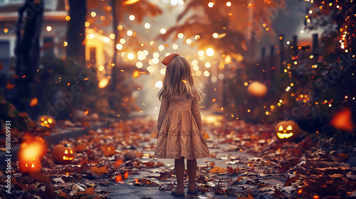 A girl in a long skirt walks through the forest with pumpkins. On Halloween, her golden hair falls over her shoulders as she takes in the stunning beauty of nature.