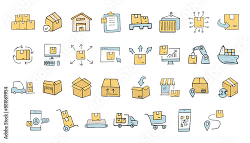 delivery. the pattern. mail. box. icons. transport. sticker. to send. the package. postman. on a colored background. package. drawing. doodle. minimalism. black lines.