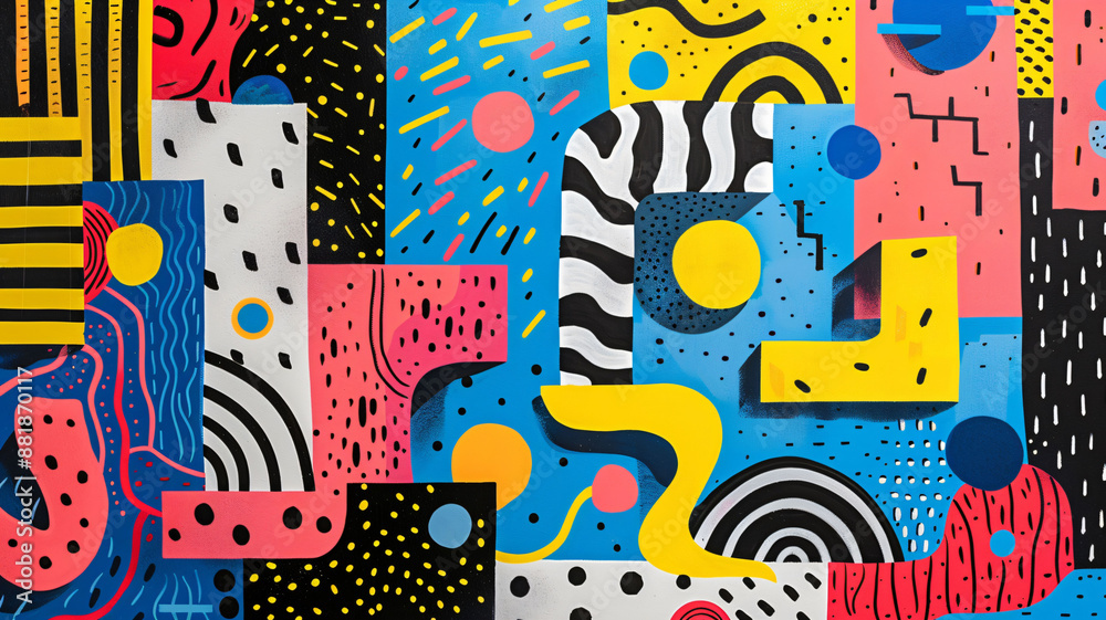 Obraz premium Geometric patterns and line, playful quirky cartoonish illustration, vivid splashing color