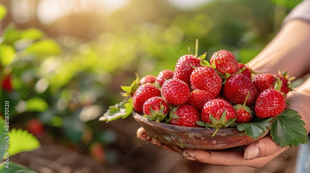 A person holding a bowl filled with freshly picked strawberries, with a background of a strawberry field, capturing the essence of harvest and the joy of fresh, healthy produce.