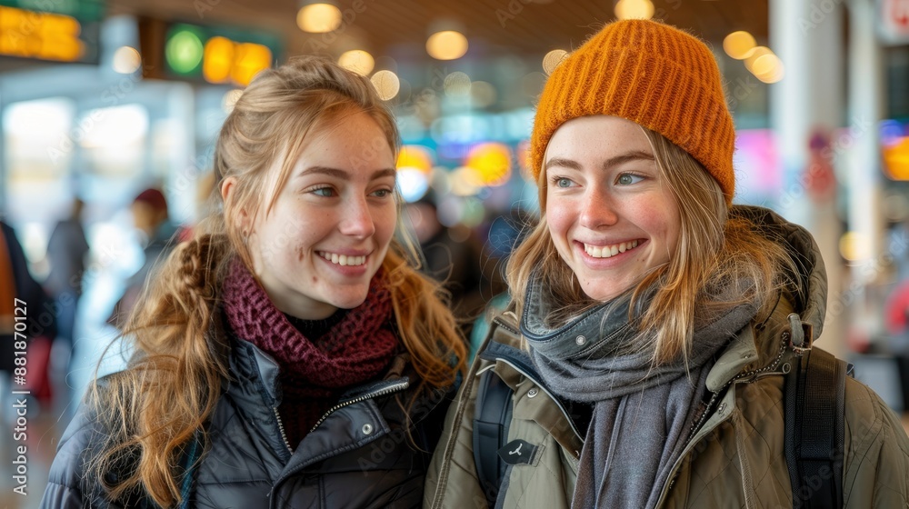 Two women, smiling and chatting, walk together through the bustling, brightly lit airport terminal Two women, smiling and chatting, walk together through the bustling, brightly lit airport terminal