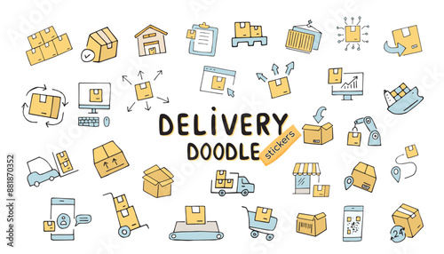 delivery. the pattern. mail. box. icons. transport. sticker. to send. the package. postman. on a colored background. package. drawing. doodle. minimalism. black lines.