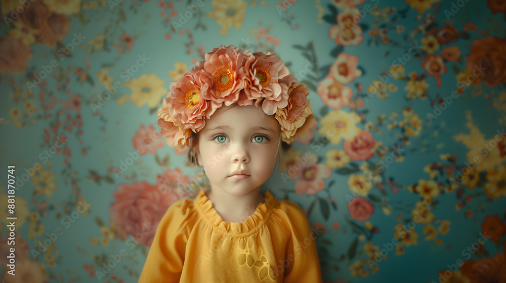 Fototapeta premium portrait of blond girl with blue eyes in a wreath made of pink flowers; serious face expression; little princess face; close-up of small kid on floral backgroud with copy space; widescreen backdrop