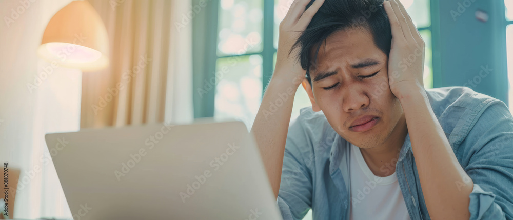 A man with his hands on his head in frustration, sitting in front of a laptop in a home setting, illustrating stress and technological difficulties. A man with his hands on his head in frustration, sitting in front of a laptop in a home setting, illustrating stress and technological difficulties.
