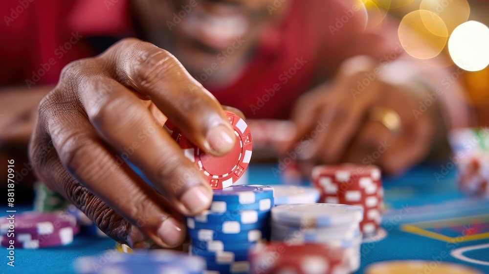 A close-up shot of a person's hand, stacked with red poker chips on a casino table. The image portrays the excitement and intensity of gambling. A close-up shot of a person's hand, stacked with red poker chips on a casino table. The image portrays the excitement and intensity of gambling.