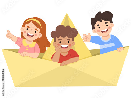 Happy children playing sailing ship vector illustration