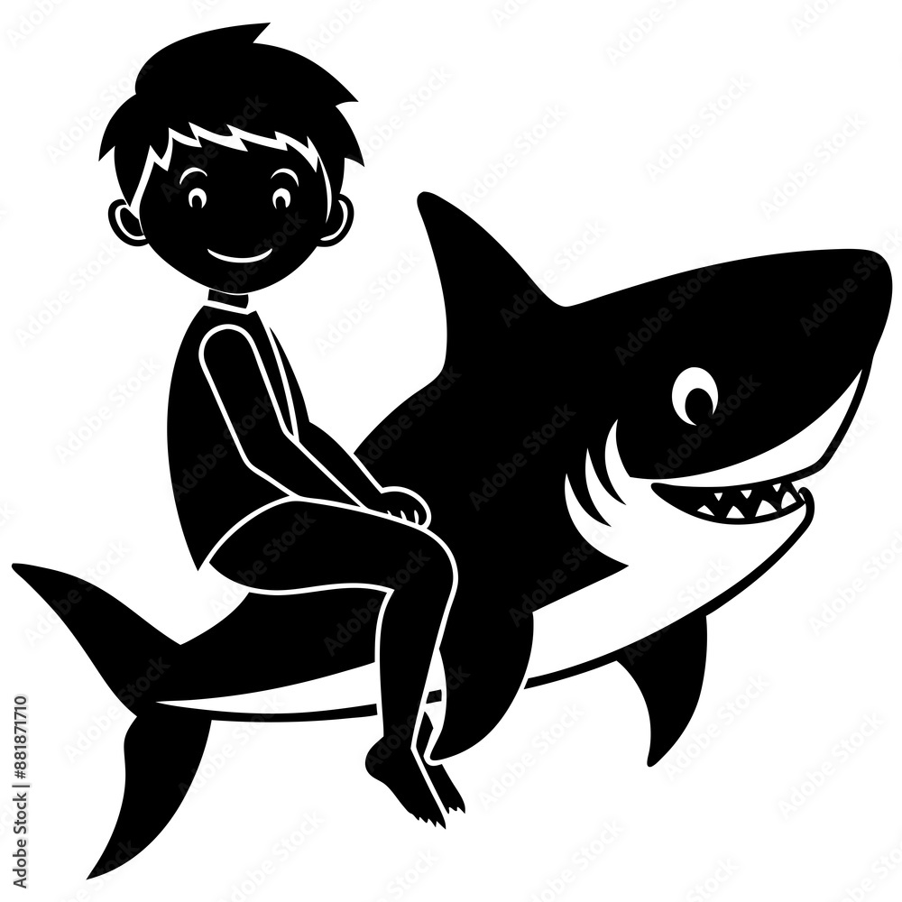 Fototapeta premium a boy is on a shark cartoon isolated on a white background 