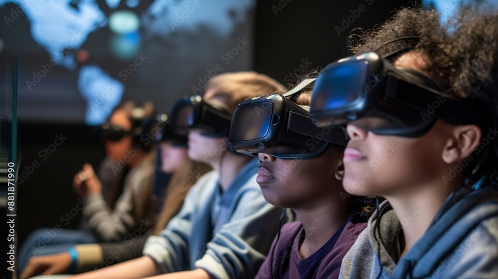 A group of students engaged in a virtual reality experience using headsets in a modern classroom. A group of students engaged in a virtual reality experience using headsets in a modern classroom.